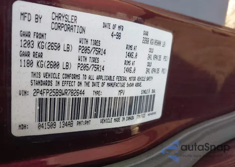 1998 Plymouth Voyager из США, поврежденный, VIN 2P4FP25B9WR782644